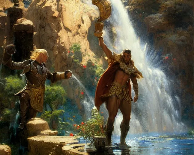 Image similar to attractive male wizard casting time magic, stopping water from a waterfall. highly detailed painting by gaston bussiere, craig mullins, j. c. leyendecker 8 k