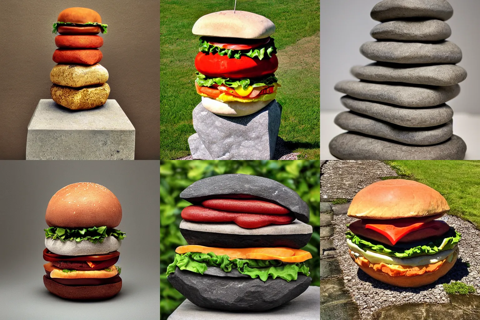 Prompt: stacked stone sculpture of a hamburger by Devin Devine