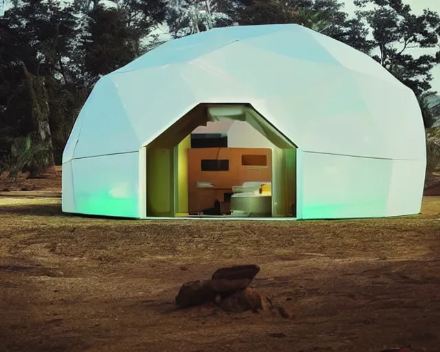 Image similar to futuristic innovation. modular dome house. there is paradise in heaven. smoky ambience. slight green glow in the very far distance. as seen in my dreams of heaven.