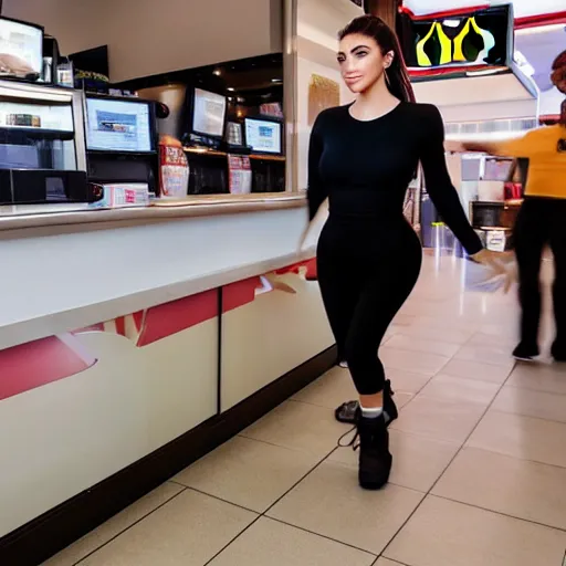 Prompt: kylie kardashian doing the moonwalk in front of the counter at mcdonalds, uhd, 8k, award winning photography, trending, beautiful, happy,