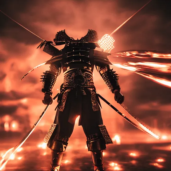 Image similar to advanced metal samurai armor, glowing led, splash art, movie still, cinematic lighting, dramatic, octane render, long lens, shallow depth of field, bokeh, anamorphic lens flare, 8k, hyper detailed, 35mm film grain