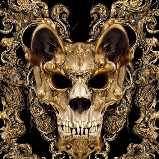 Image similar to photo portrait portrait of femine puma with skull pendant, wolf skull pedant, golden fur, symmetric, intricate skeletal decorations on ornate silks, symmetry, highly detailed, concept art, ornaments, black, red, white, gold layers, super moon, style of nekroxiii, hyperrealistic