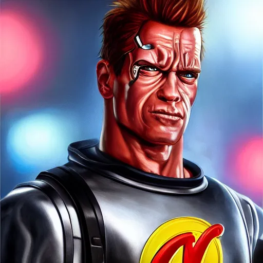 Image similar to an oil painting of the terminator as a mc donald worker, by artgerm, hd, hdr, ue 5, ue 6, unreal engine 5, realistic anime 3 d style, cinematic 4 k wallpaper, 8 k, ultra detailed, gta cover art, high resolution, artstation, award winning