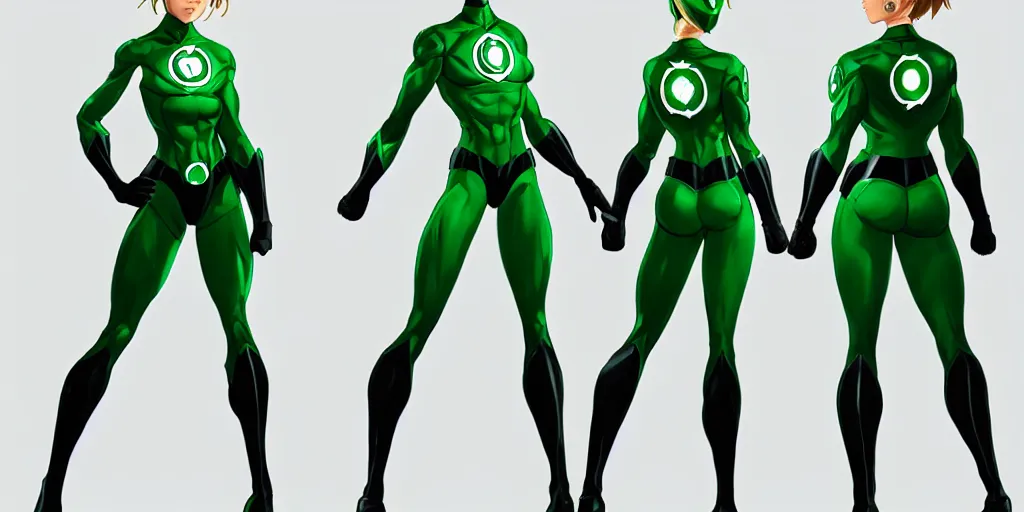 Prompt: full body exaggerated outfit, female green lantern character clean concepts by senior concept artist in the anime film, suit, powers, glowing, stronge, smooth, high detail, featured on artstation