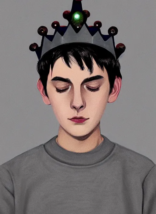 Image similar to portrait of teenage jughead jones wearing a light grey crown, photorealistic, crown, eyes closed, crown, black hair, sweater with letter s on it, letter s, intricate, elegant, glowing lights, highly detailed, digital painting, artstation, concept art, smooth, sharp focus, illustration, art by wlop, mars ravelo and greg rutkowski