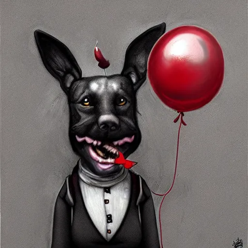 Image similar to surrealism grunge cartoon portrait sketch of a dog with a wide smile and a red balloon by - michael karcz, loony toons style, pennywise style, horror theme, detailed, elegant, intricate