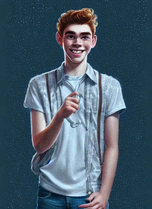 Image similar to portrait of teenage archie andrews, freckles, curly middle part haircut, curly hair, smiling kindly, friendly, 1 9 5 0 s, intricate, elegant, glowing lights, highly detailed, digital painting, artstation, concept art, smooth, sharp focus, illustration, art by wlop, mars ravelo and greg rutkowski