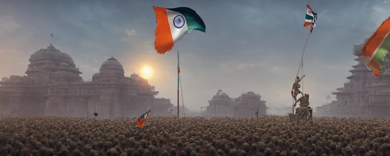 Image similar to indian soldiers hoisting the indian flag on independence day, 8 k uhd, unreal engine, octane render in the artstyle of finnian macmanus, john park and greg rutkowski