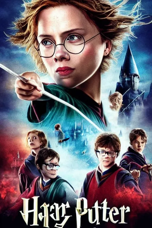 Prompt: Harry Potter movie poster with Scarlett Johansson in the lead role, design by Drew Struzan