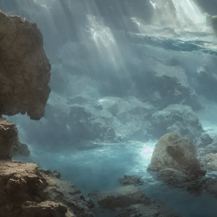 Image similar to an underwater settlement painted by, mc escher, gordon onslow ford, georgia o'keeffe and ivan aivazovsky, cinematic light, god rays, unreal engine, zbrush central,