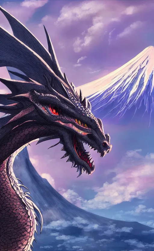 Prompt: an ultrawide photo of mythical dragon in front of mount fuji, studio ghibli concept art, detailed face, beautiful face, beautiful eyes, beautiful lighting, hdr, 4 k