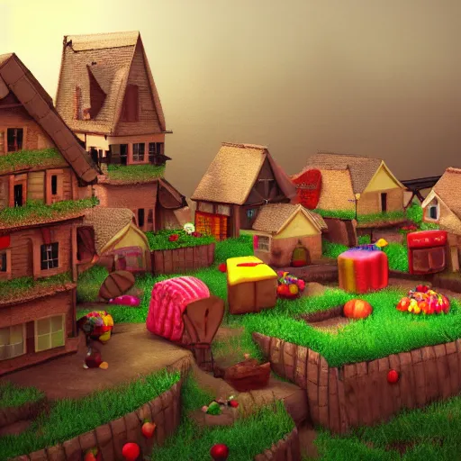 Image similar to Village made of sweets, 4k octane render, detailed art, artstation, streetview, CGSociety, deviantart