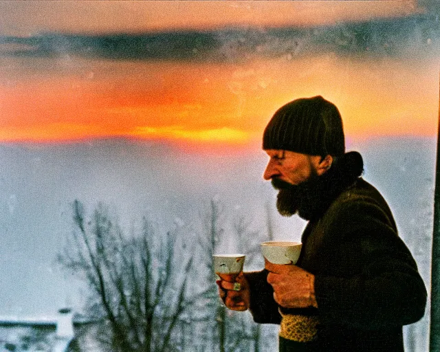 Prompt: lomographic tarkovsky film still of 4 0 years russian man with beard and sweater standing on small hrushevka 9 th floor balcony with cup of tea in winter taiga looking at sunset, cinestill, bokeh