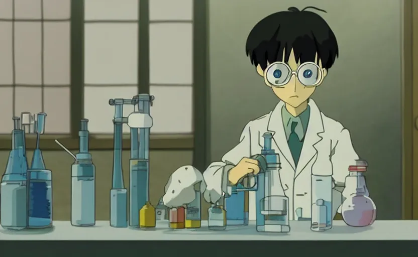 Image similar to a very dull interior shot still from ponyo ( 2 0 0 8 ) of a young skinny scientist alone in his lab. close up on the faces, perfect art, grimdark, trending on pixiv fanbox, painted by studio ghibli