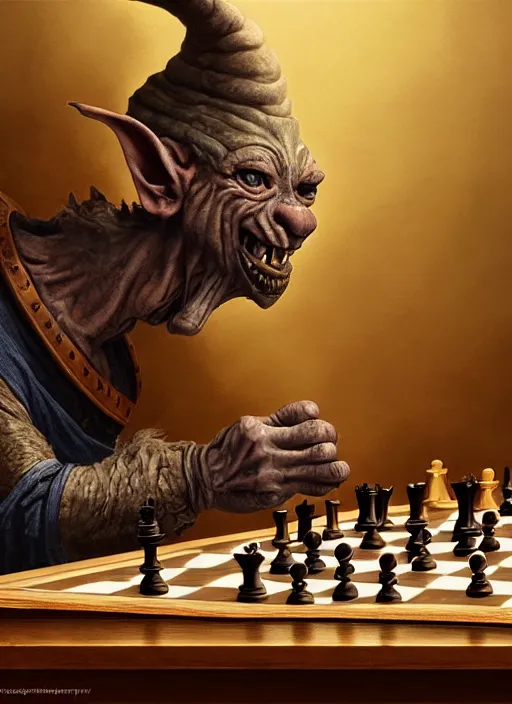 Image similar to highly detailed closeup portrait of a medieval goblin playing chess, stephen bliss, unreal engine, greg rutkowski, ilya kuvshinov, ross draws, hyung tae and frank frazetta, tom bagshaw, tom whalen, nicoletta ceccoli, mark ryden, earl norem, global illumination, god rays, detailed and intricate environment