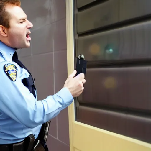 Prompt: a police officer screaming at a light switch