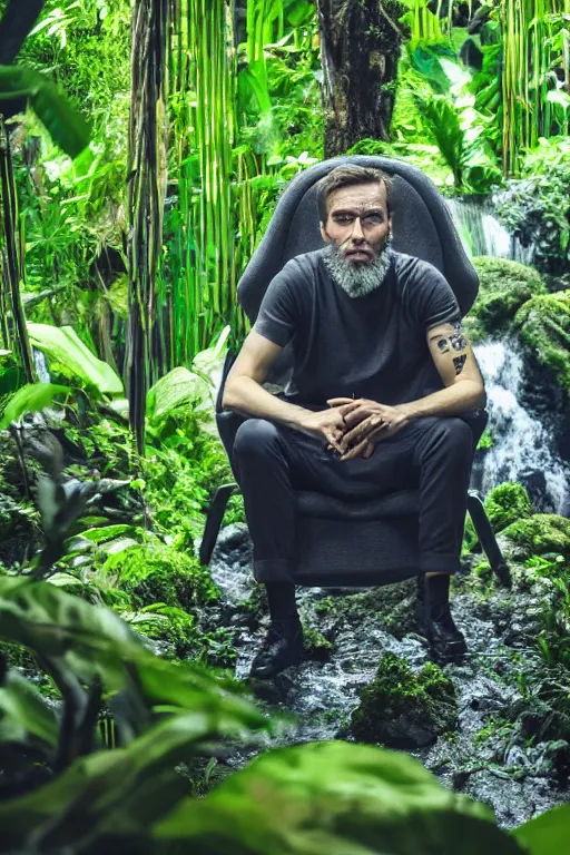 Image similar to movie closeup young man with a grey beard in a cyberpunk suit sitting on a futuristic chair at the edge of a jungle waterfall by emmanuel lubezki