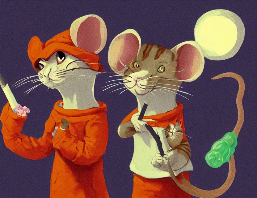 Image similar to adventurer mouse smoking a joint with the cat, cat has big red eyes, tired look. complementary colors, gouache, indie concept art, bloom, chiaroscuro, backlighting, intricate details.