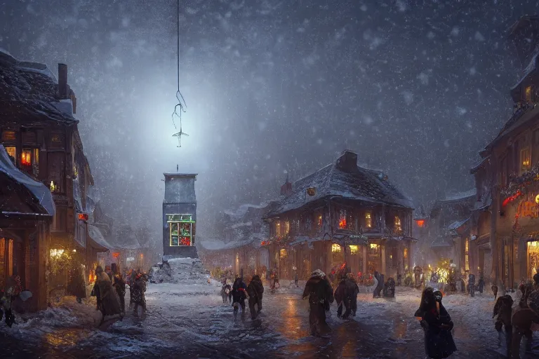 Image similar to a guillotine with christmas lights in the center of town, s matte painting, long shot, concept art, wide shot, digital art, trending on artstation, 4 k, extremely detailed, realistic, snowing, by greg rutkowski, cinematic, epic