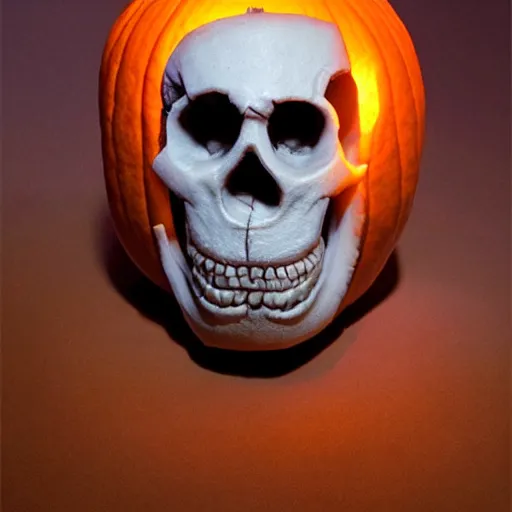 Image similar to a jack o'lantern, carved in the likeness of a skull, lit by candle from within, hyperreal, horror, atmospheric - h 6 4 0,