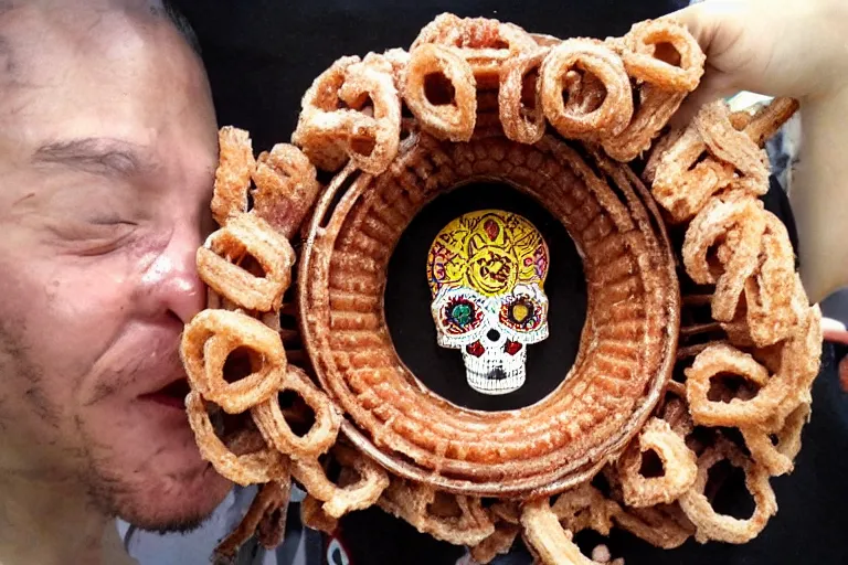 Prompt: aztec skull made of churros