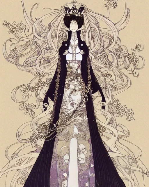 Image similar to portrait of a queen, elegant, beautiful, mesmerizing, concept art, fancy clothing, highly detailed, inspired by otoyomegatari manga, artstation, behance, deviantart, trending, ayami kojima, shinichi sakamoto, kaoru mori