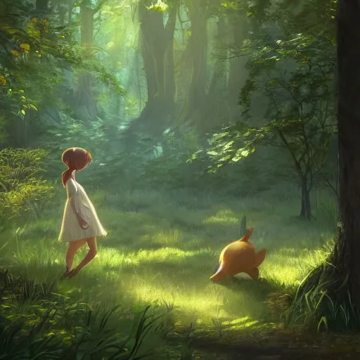 Image similar to concept art painting of an anthropomorphic chubby doe wearing yellow dress, in the deep forest, realistic, detailed, cel shaded, in the style of makoto shinkai and greg rutkowski and james gurney