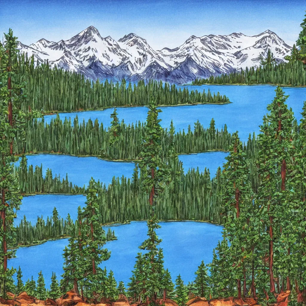 Image similar to a lake surrounded by pine trees with mountains in the background in the style of Bob Ross