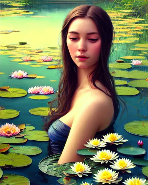 Prompt: stylized portrait of an artistic pose, composition, young lady sorrounded by nature, water lilies, flowers, realistic shaded, fine details, realistic shaded lighting poster by ilya kuvshinov, magali villeneuve, artgerm, jeremy lipkin and michael garmash and rob rey