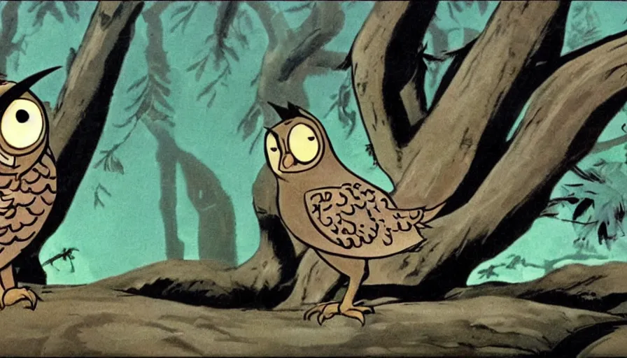 Image similar to saturday morning cartoon show The Lone Ranger as an owl animal, screenshot from 1990s animated show