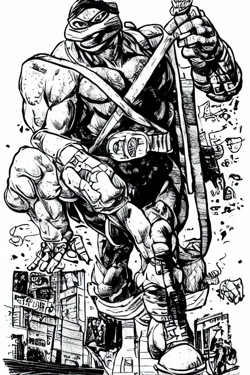 Prompt: ronald reagan as a teenage mutant ninja turtle, full body, pen an ink, comic books style, very detailed, by eric talbot, artstation, pinterest