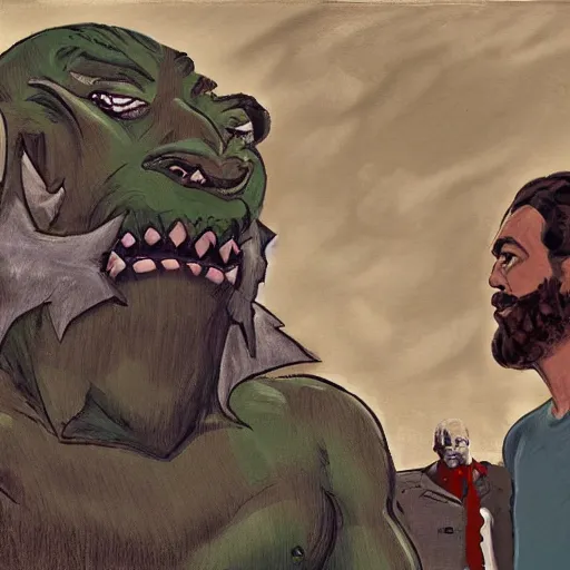 Prompt: two men having a conversation in the foreground being watched by a ffat, green orc in the background, kubrick stare, digital art