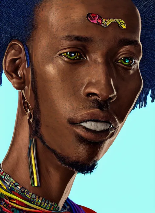 Image similar to closeup portrait of east african man, an ultrafine detailed illustration by james jean, intricate linework, bright colors, final fantasy, behance contest winner, vanitas, angular, altermodern, unreal engine 5 highly rendered, global illumination, radiant light, detailed and intricate environment