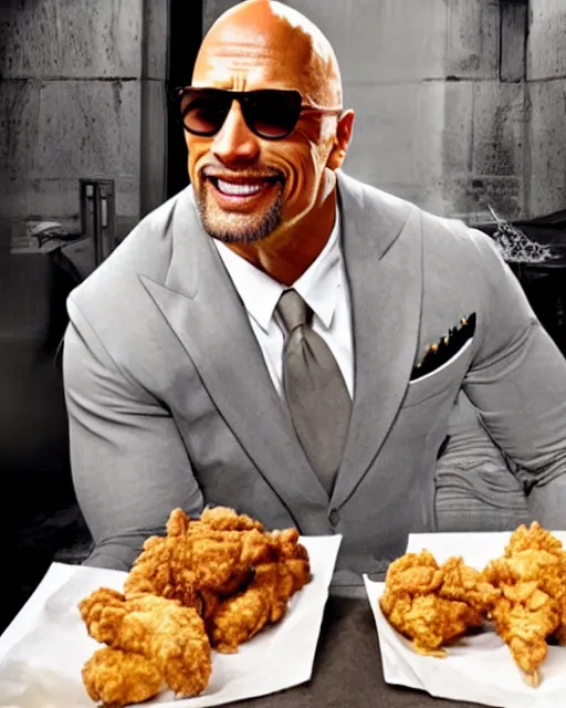 Image similar to dwayne johnson as colonel sanders eating fried chicken