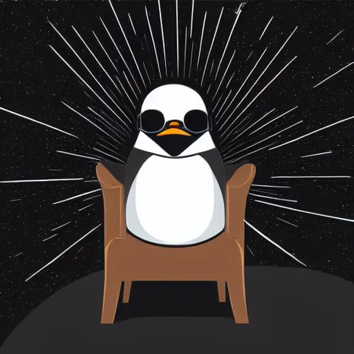 Prompt: digital art of a black and white penguin sitting in a chair with sunglasses on at night! black blackground with some stars and a light coming from above, vector art by tom whalen, trending on polycount, neo - dada, chillwave, global illumination, synthwave