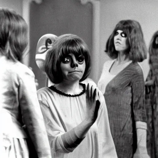 Image similar to middle-age woman enters an eyeball cult, 1977 live-action children's tv show, color