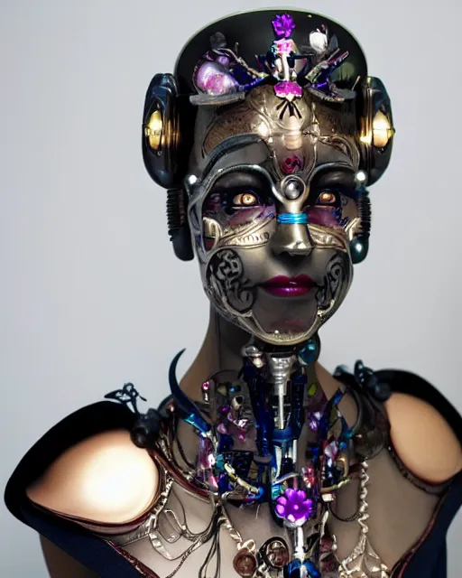 Prompt: a beautiful cyborg made of disney ceremonial maske