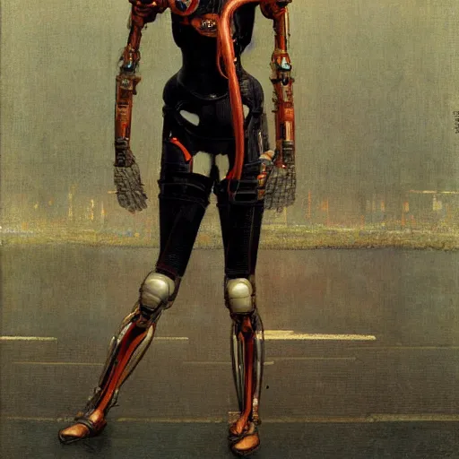 Image similar to masterpiece full body portrait cyborg woman in Tokyo, by Edgar Maxence and Ross Tran and Michael Whelan and Gustav Klimpt