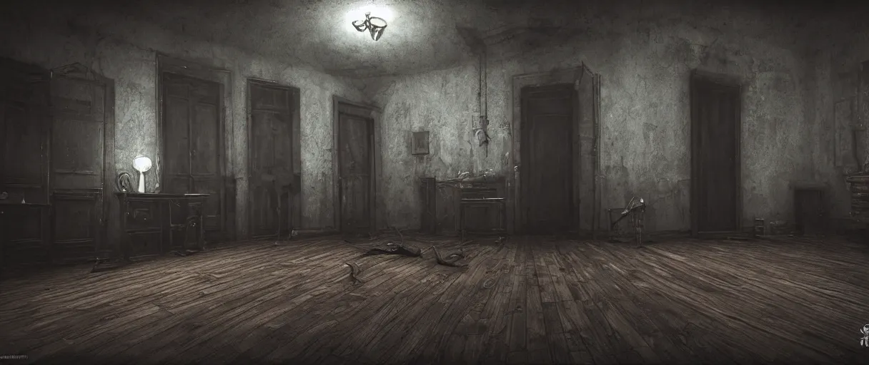 Image similar to a dark old room, silent hill tentacle creatures from the darkest realm of the soul, old wood floors, small windows with moonlight, surrealcore, hellcore, slithercore, 4 k by oleg vdovenko, pascal blanche