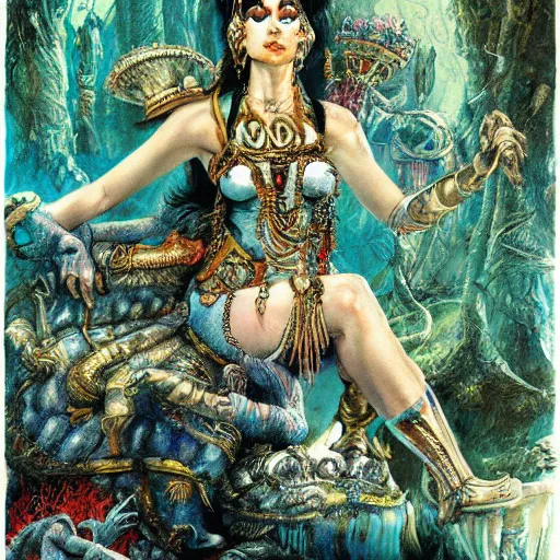 Image similar to cleopatra in alice in wonderland tripping on ayahuasca with scary monsters, intricate detail, painting, royo, frazetta, whealan,