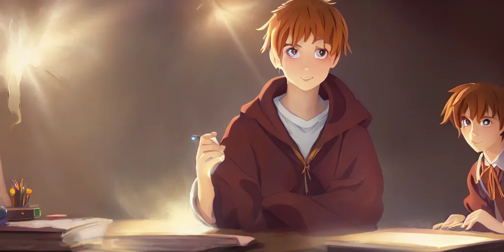 Image similar to a young boy mage with a brown cloak and brown hair is standing at his desk working on a new spell, colorful, flowing energy, light rays, anime boy, boy, consistent face, anime boy face, medium shot, waist up, pixar and disney animation, sharp, concept art, highly detailed, trending on artstation, bloom, dramatic lighting, cinematic