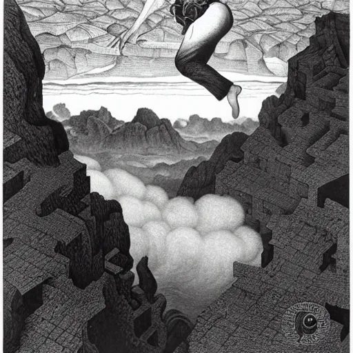 Prompt: wanderer above the sea of fog by mc escher