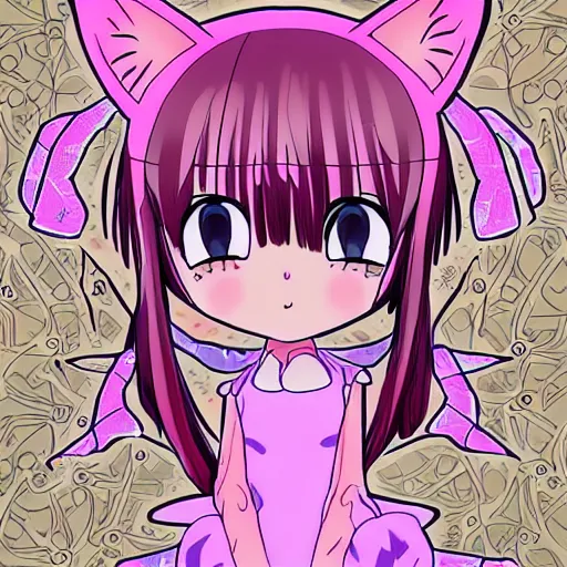 Prompt: digital card art of anime (cat) girl with cat ears surrounded by magic circles. Short hair. Pink hue. Highly detailed. Beautiful