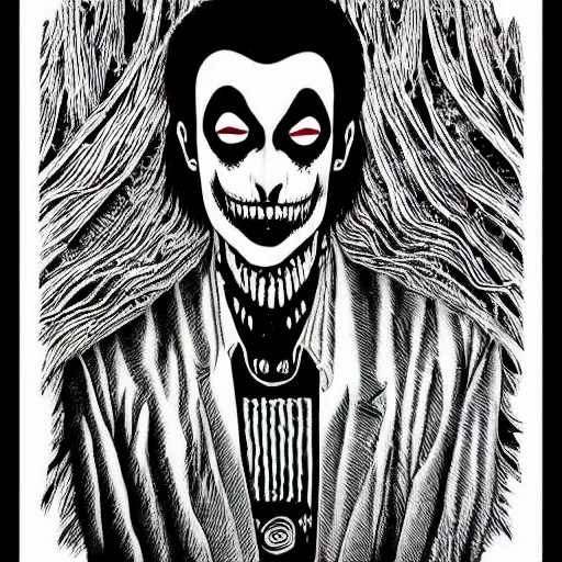 Image similar to detailed print of man wearing corpse paint. Artwork by Junji Ito and dan Mumford