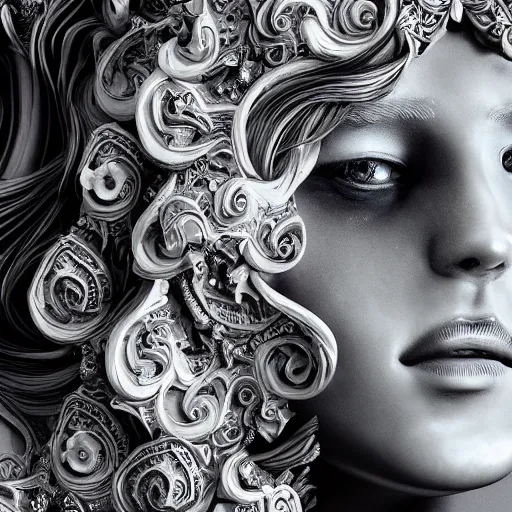 Image similar to wonderful princess made of marble, beautiful face, hyper detailed, flowing psychadelic background intricate and detailed, ornate 8 k gorgeous intricate detailed, octane render, black and white