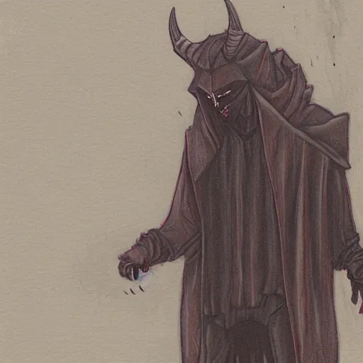 Image similar to A demonic goat man wearing a hood leaning on a wall in a dark alleyway during a rainstorm, art by Trevor Henderson