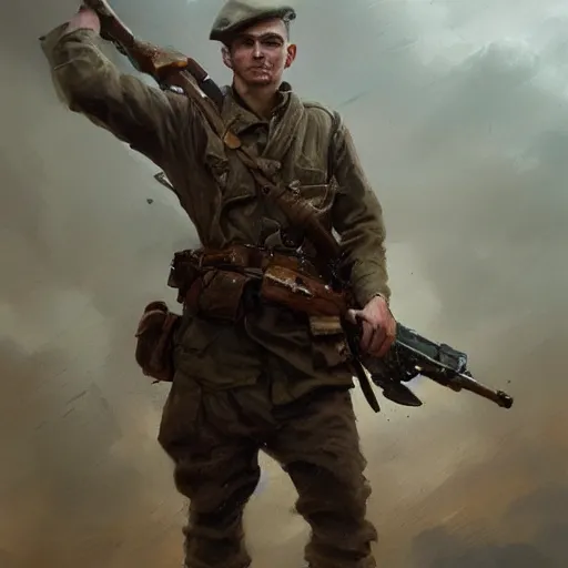 Prompt: a dramatic epic ethereal portrait of a WWII soldier, full body with dynamic pose, male, detailed face, cinematic lighting, highly detailed oil on canvas painting by Greg Rutkowski, winning-award digital art trending on Artstation H 1024 W 832