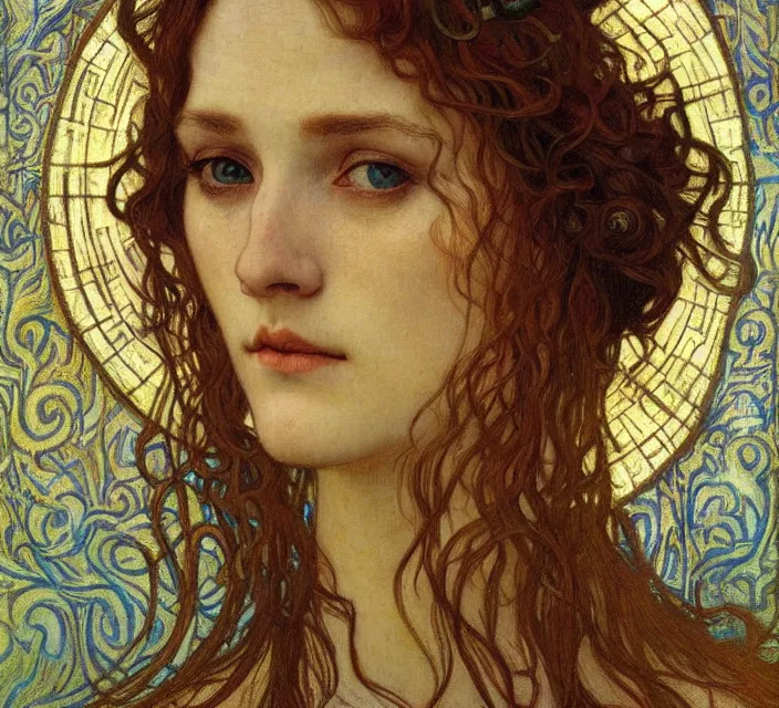 Image similar to detailed realistic beautiful young medieval queen face portrait by jean delville, alphonse mucha, vincent van gogh, and marco mazzoni, art nouveau, symbolist, visionary, gothic, pre - raphaelite