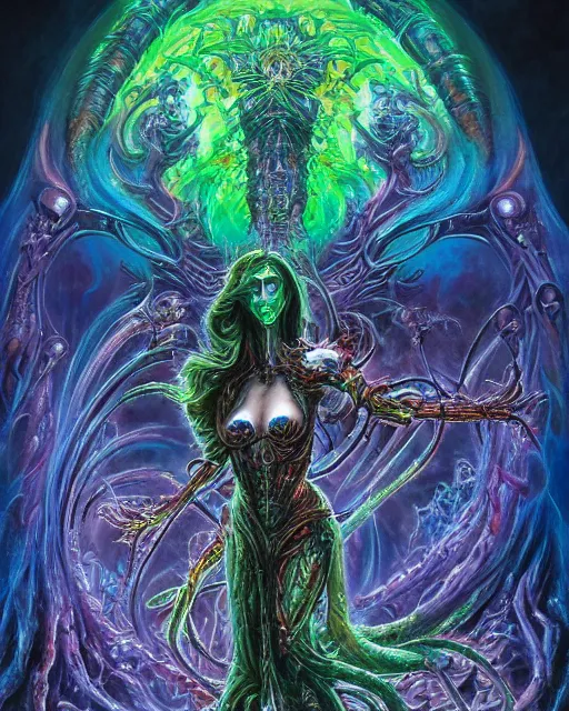 Image similar to mechanical charred bloody fleshmetal cyborg daemonhost woman psychedelic flamer of tzeentch, blue and green rainbow fire, by antonio j. manzanedo, alex grey, android jones, wayne barlowe, philippe druillet, raymond swanland, cyril rolando, josephine wall, harumi hironaka, cronenburg, trending on artstation