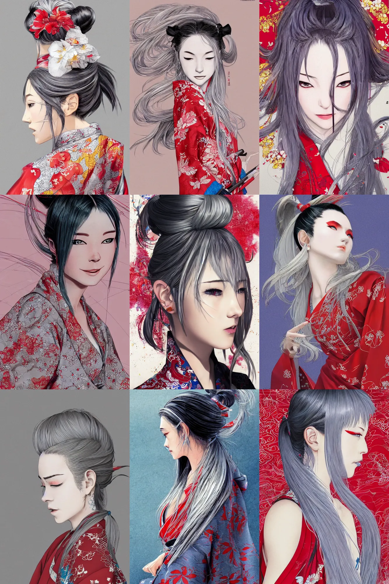 Prompt: girl, silver hair ponytail, winking, red colorful kimono with koi patterns, trending on artstation, detailed, cinematic, body shot, ilustration by Takehiko Inoue and Yoann Lossel